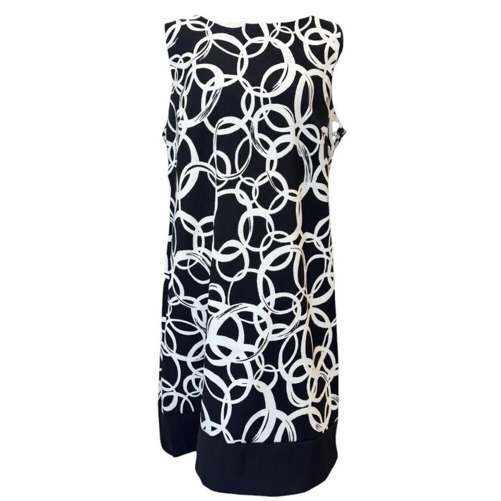 AB Studio black & white abstract circle pattern dress with zipper back, size 16